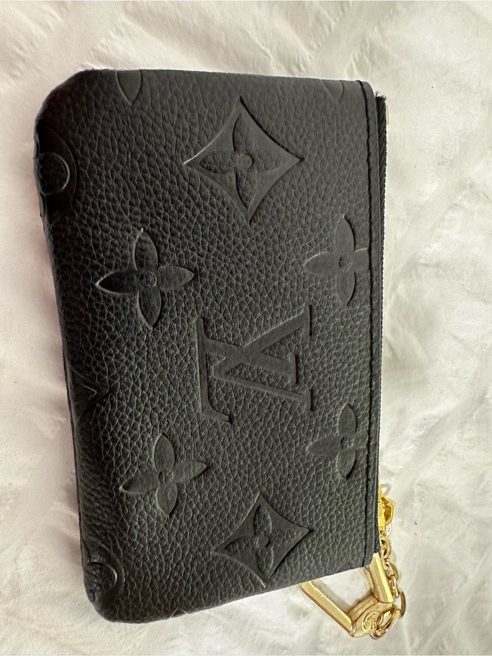 Louis Vuitton Black Embossed Monogram Zip Wristlet with Gold Hardware